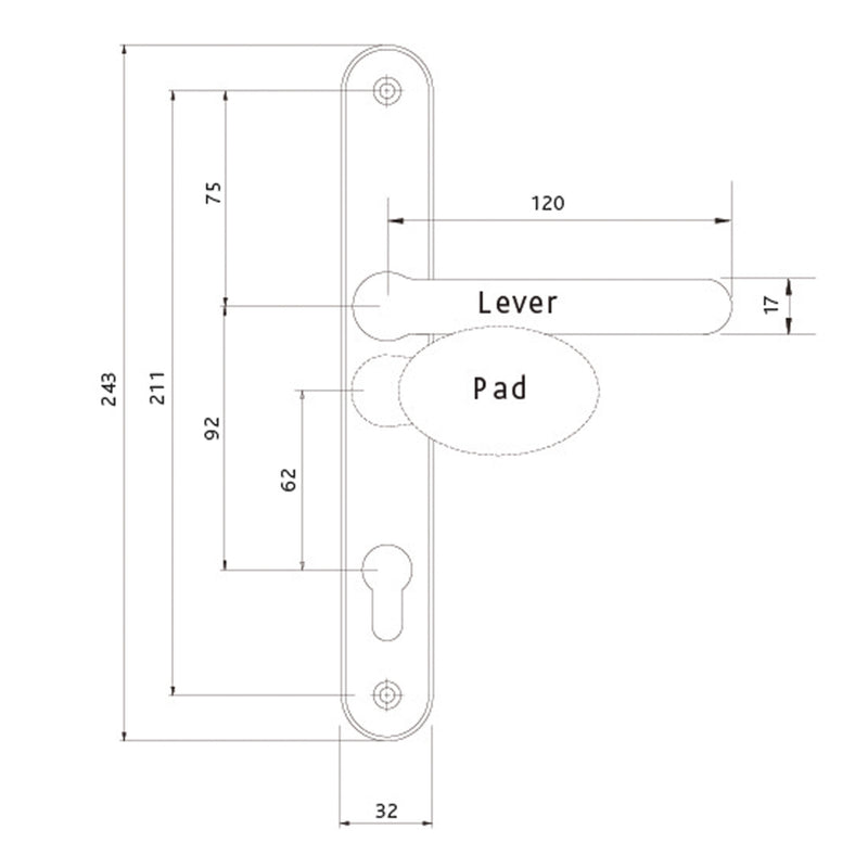 Satinless Steel UPVC Door Handle Lever Pad Offset 92mm/62mm PZ 211mm