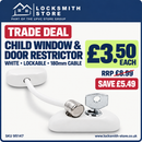 White lockable child window and door restrictor trade deal: £3.50 each, RRP £8.99