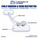 Technical diagram of white child restrictor with 180mm cable and key-operated lock